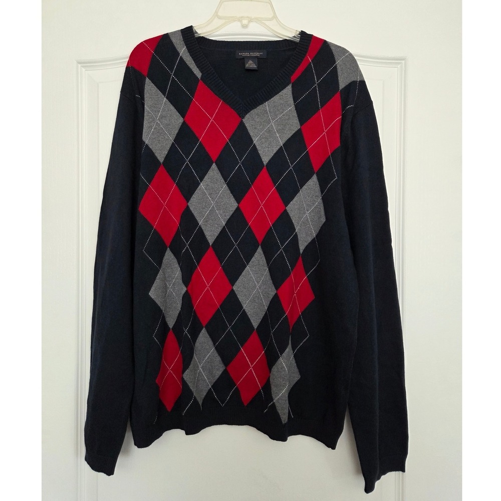 Banana Republic Cashmere Blnd Argyle Sweater High‎ V-Neck Pullover Men Sz XL